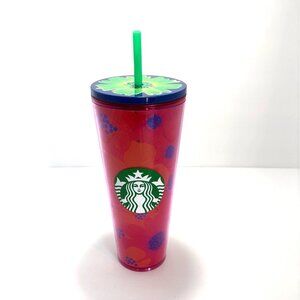 Starbucks Pink Floral Reusable Tumbler Lid & Green Straw 24 Oz Limited Edition